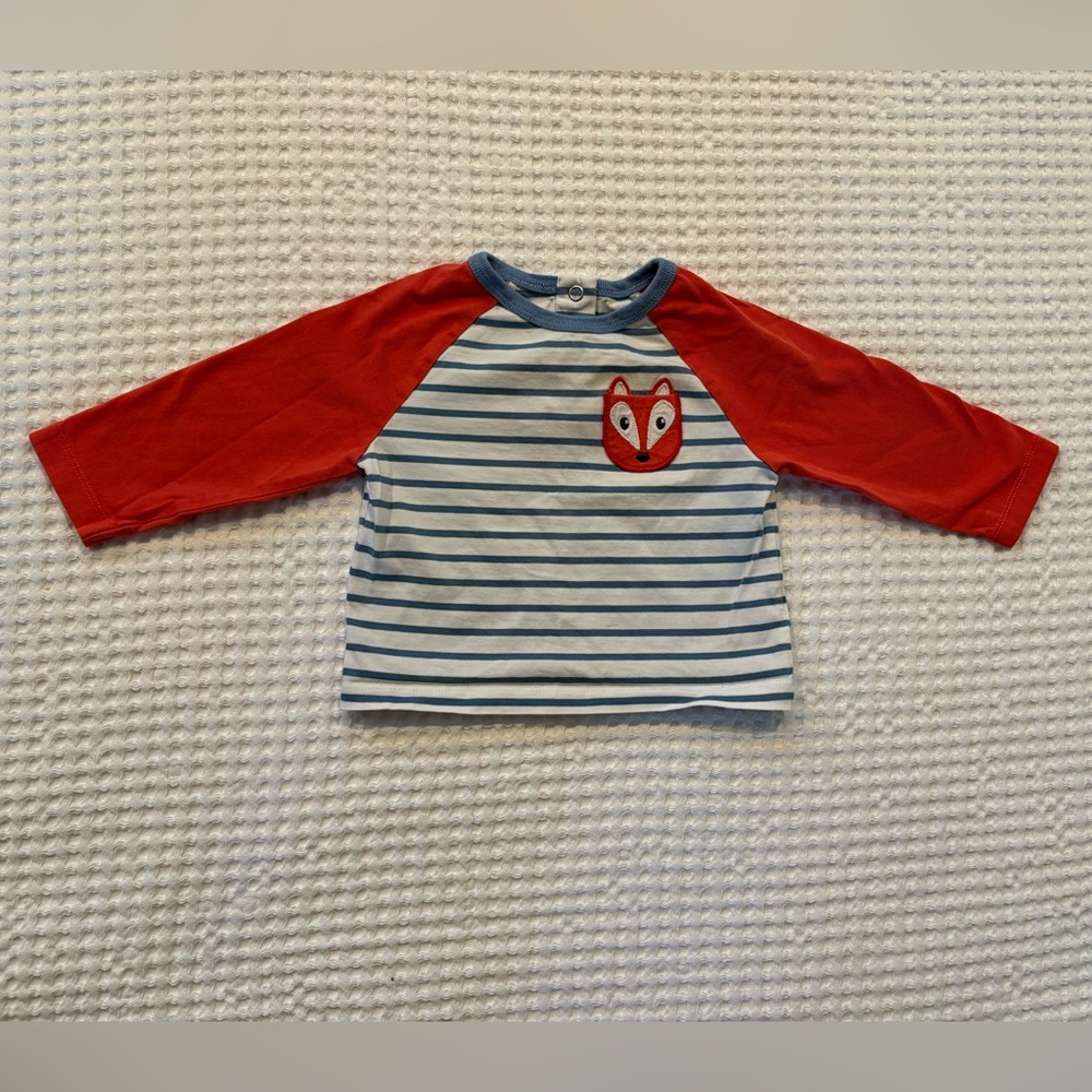 Baby Boden Fox Pocket Stripe Raglan Long Sleeve Tee Red Blue Cotton 3-6M